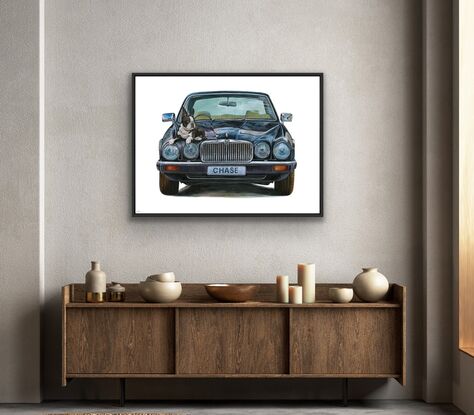 Photo realistic Jaguar xj6 with Boston terrier  on  white background 