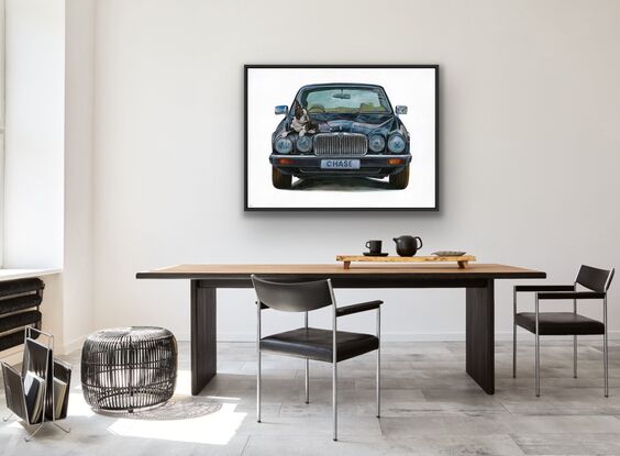 Photo realistic Jaguar xj6 with Boston terrier  on  white background 