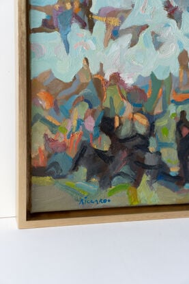 A painting of a landscape inspired by Hanging Rock and figures -  in oil paint ready to hang.