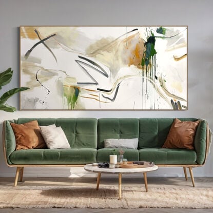 Subtle tones of dark green, light green, white, neutral, grey, black. beige, peach, apricot and orange across the canvas surface. 