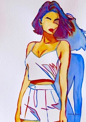 "Sunlit Poise" is a striking watercolour artwork that captures a moment of effortless grace and confidence. The figure stands bathed in warm sunlight, with a vibrant palette of blues, reds, and purples that accentuate the flowing lines and subtle shadows. The minimalist yet expressive style conveys a sense of bold individuality, enhanced by the play of light and color that brings the scene to life. Perfect for those who appreciate contemporary figurative art, this piece is a celebration of self-assured beauty and the simple joy of basking in the sun.