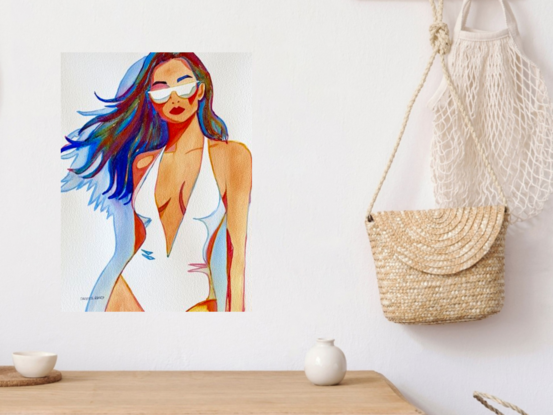 "Breezy Confidence" showcases the allure of effortless style and bold expression. This watercolour artwork captures a poised figure in a sleek swimsuit, with her flowing hair and mirrored sunglasses reflecting a cool, carefree attitude. The vibrant palette of blues, reds, and greens enhances the movement in the piece, adding a sense of fluidity and dynamism that mirrors the character's confident stance. The interplay of light and shadow creates depth and vibrancy, making this piece a striking addition to any contemporary art collection.