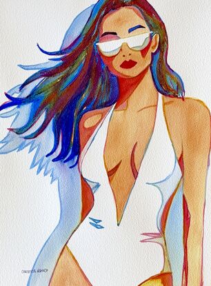 "Breezy Confidence" showcases the allure of effortless style and bold expression. This watercolour artwork captures a poised figure in a sleek swimsuit, with her flowing hair and mirrored sunglasses reflecting a cool, carefree attitude. The vibrant palette of blues, reds, and greens enhances the movement in the piece, adding a sense of fluidity and dynamism that mirrors the character's confident stance. The interplay of light and shadow creates depth and vibrancy, making this piece a striking addition to any contemporary art collection.