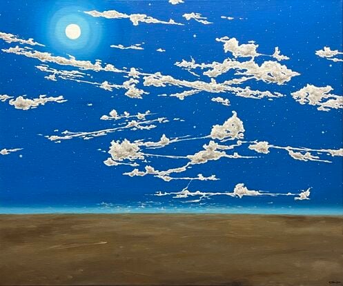 Blue night sky with intricate cloud formations and stars. Desert landscape of brown tones.