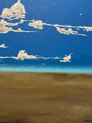 Blue night sky with intricate cloud formations and stars. Desert landscape of brown tones.