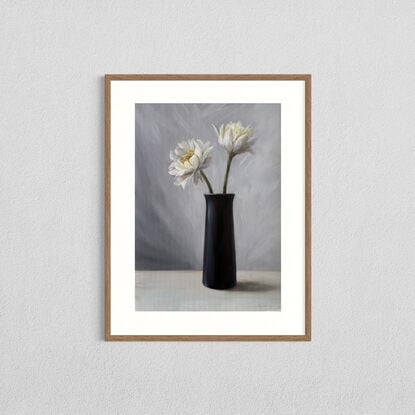 Still life with white flowers and black vase