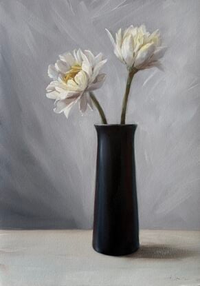 Still life with white flowers and black vase