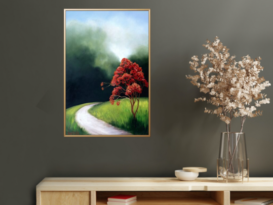 A deep dark green sky, bright red tree and highlighted path, Lucinda Leveille, landscape, framed, orginal art