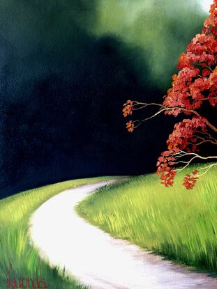 A deep dark green sky, bright red tree and highlighted path, Lucinda Leveille, landscape, framed, orginal art