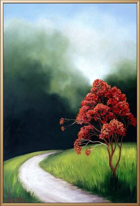 A deep dark green sky, bright red tree and highlighted path, Lucinda Leveille, landscape, framed, orginal art