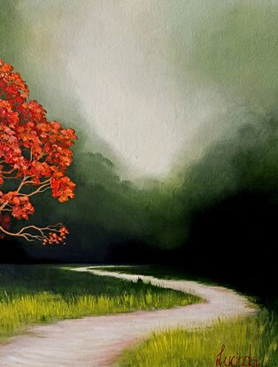 A deep dark green sky, bright red tree and highlighted path, Lucinda Leveille, landscape, framed, orginal art