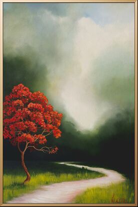 A deep dark green sky, bright red tree and highlighted path, Lucinda Leveille, landscape, framed, orginal art