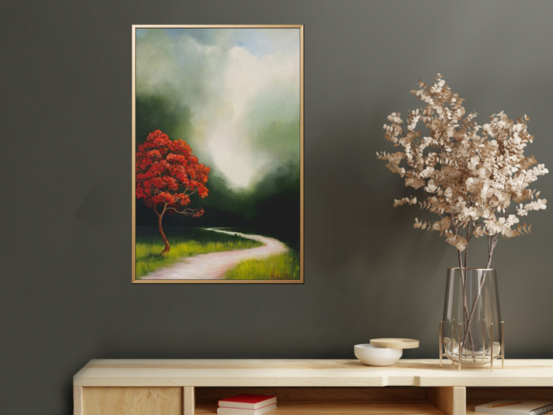 A deep dark green sky, bright red tree and highlighted path, Lucinda Leveille, landscape, framed, orginal art