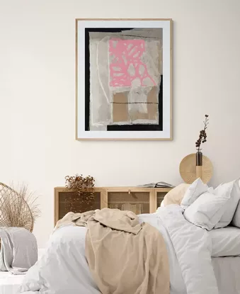 A high quality giclée reproduction of a watercolour and acrylic painting by Elwood Moore, printed on high quality 308 gsm Hahnemuhle artists paper.  An abstract painting composition in watercolour and acrylic. Colour palette of pinks,, earthy shades and whites, expressive and contemplative.