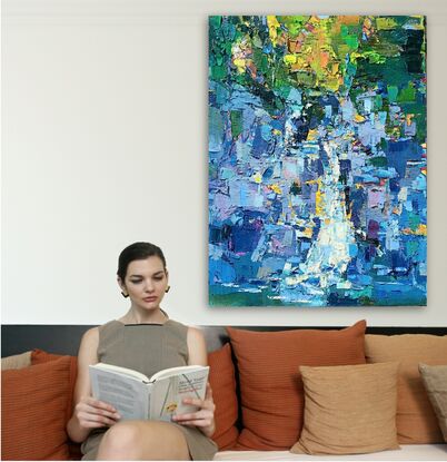 This artwork is a vibrant, abstract landscape painting. It uses a thick impasto technique, with bold, textured strokes of paint that create a mosaic of colors and shapes. 