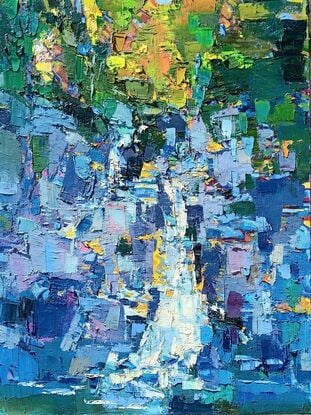 This artwork is a vibrant, abstract landscape painting. It uses a thick impasto technique, with bold, textured strokes of paint that create a mosaic of colors and shapes. 