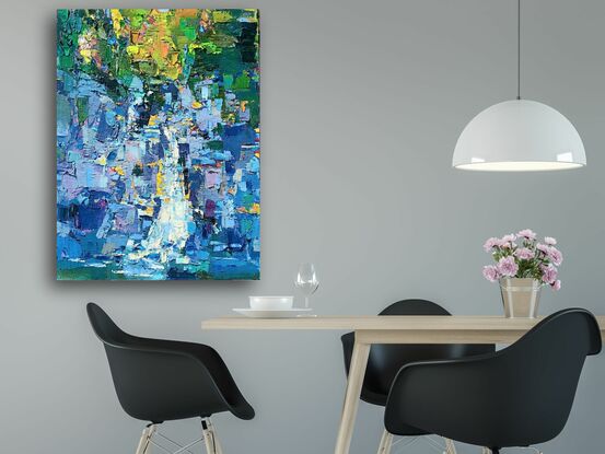 This artwork is a vibrant, abstract landscape painting. It uses a thick impasto technique, with bold, textured strokes of paint that create a mosaic of colors and shapes. 