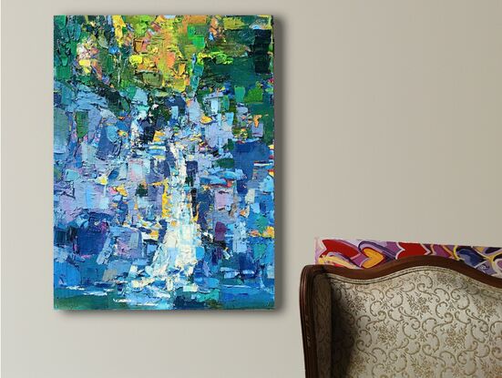 This artwork is a vibrant, abstract landscape painting. It uses a thick impasto technique, with bold, textured strokes of paint that create a mosaic of colors and shapes. 