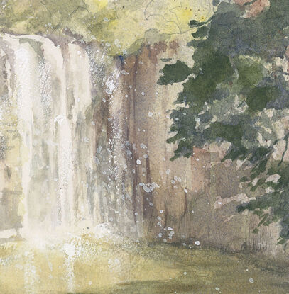 Waterfall in sunlight and shade with surrounding trees and rocks