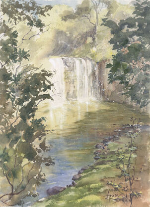 Waterfall in sunlight and shade with surrounding trees and rocks