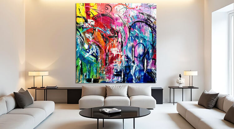 Images show the painting in three different lounge rooms.