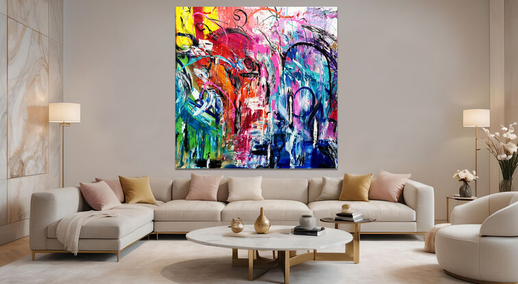 Images show the painting in three different lounge rooms.