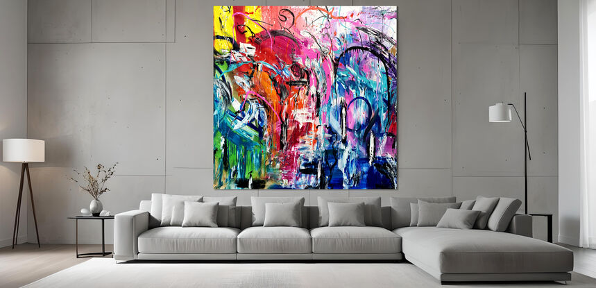 Images show the painting in three different lounge rooms.