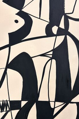 Abstracted shapes of the female form in black line drawing style on beige background.