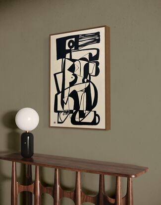 Abstracted shapes of the female form in black line drawing style on beige background.