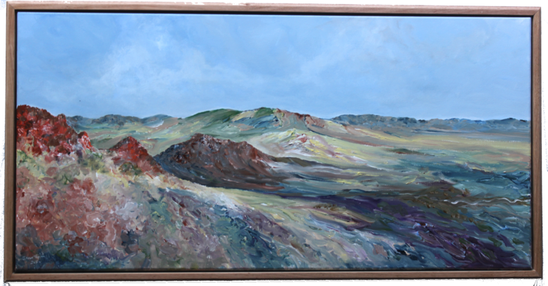 Painting of a multi-coloured desert with a wide view of a stunning landscape