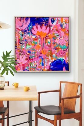 Bright colours in blue, pink, red, orange, green depicting florals and water coming together and creating explosive energy 