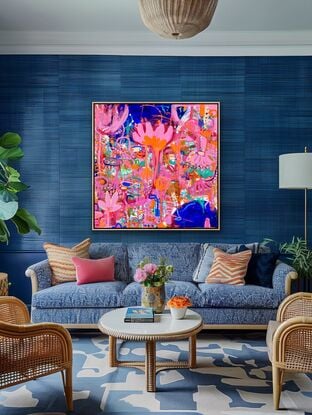 Bright colours in blue, pink, red, orange, green depicting florals and water coming together and creating explosive energy 