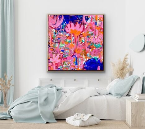 Bright colours in blue, pink, red, orange, green depicting florals and water coming together and creating explosive energy 