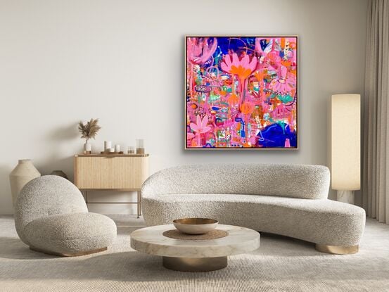 Bright colours in blue, pink, red, orange, green depicting florals and water coming together and creating explosive energy 