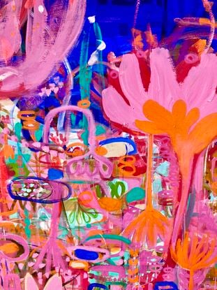 Bright colours in blue, pink, red, orange, green depicting florals and water coming together and creating explosive energy 