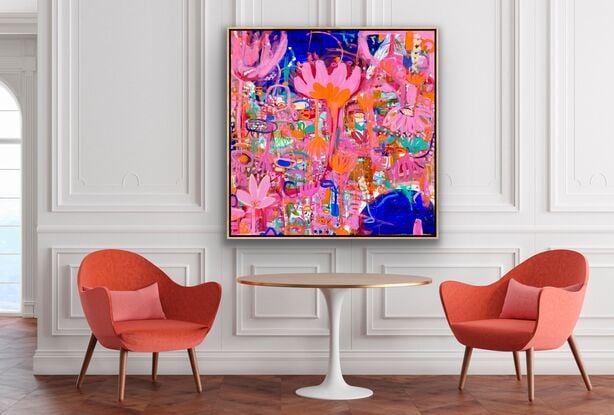 Bright colours in blue, pink, red, orange, green depicting florals and water coming together and creating explosive energy 