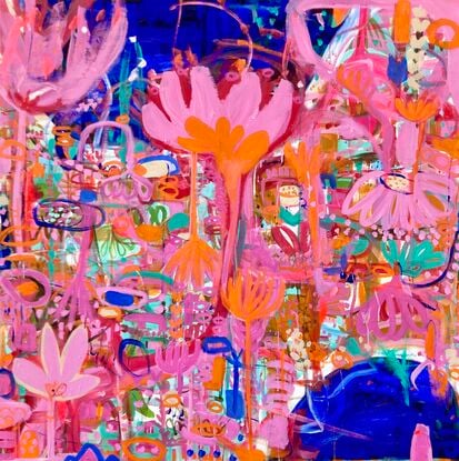 Bright colours in blue, pink, red, orange, green depicting florals and water coming together and creating explosive energy 