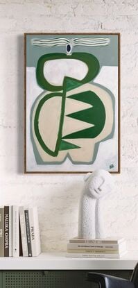 Abstract of female shapes reminiscent of a vase. Big striped hair. Green and white.