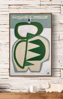 Abstract of female shapes reminiscent of a vase. Big striped hair. Green and white.