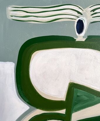 Abstract of female shapes reminiscent of a vase. Big striped hair. Green and white.