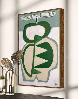 Abstract of female shapes reminiscent of a vase. Big striped hair. Green and white.