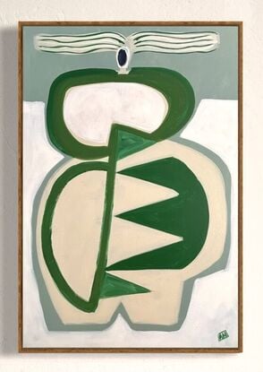 Abstract of female shapes reminiscent of a vase. Big striped hair. Green and white.