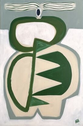 Abstract of female shapes reminiscent of a vase. Big striped hair. Green and white.