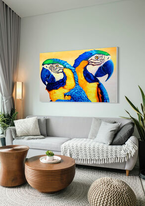 yelllow and blue macaw wildlife art by mahdhav sarna