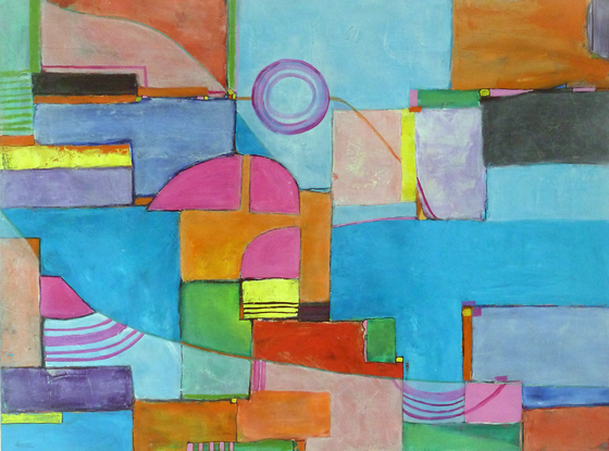 A harmonious composition characterized by its fluid symmetry and vibrant color palette. Colourful shapes, circles and lines intersect and converge, creating a dynamic yet cohesive structure. The lines guide the viewer's gaze across the artwork, seamlessly connecting the various elements. The blocks of color are thoughtfully arranged, each hue contributing to the overall harmony.