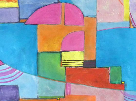 A harmonious composition characterized by its fluid symmetry and vibrant color palette. Colourful shapes, circles and lines intersect and converge, creating a dynamic yet cohesive structure. The lines guide the viewer's gaze across the artwork, seamlessly connecting the various elements. The blocks of color are thoughtfully arranged, each hue contributing to the overall harmony.