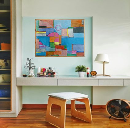 A harmonious composition characterized by its fluid symmetry and vibrant color palette. Colourful shapes, circles and lines intersect and converge, creating a dynamic yet cohesive structure. The lines guide the viewer's gaze across the artwork, seamlessly connecting the various elements. The blocks of color are thoughtfully arranged, each hue contributing to the overall harmony.