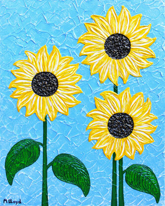 yellow textured sunflowers on a sky blue background textured abstract