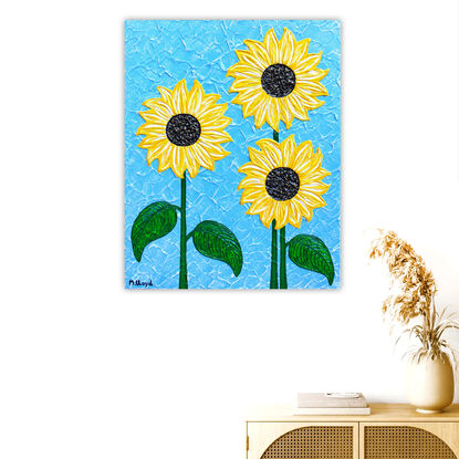 yellow textured sunflowers on a sky blue background textured abstract