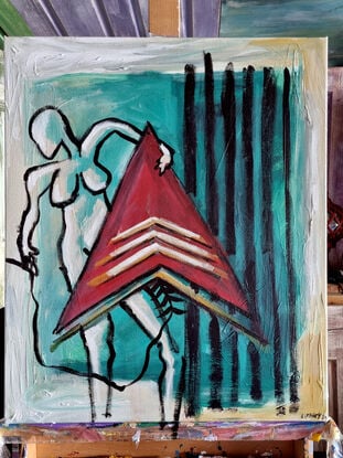 A woman in abstract way with a red kite